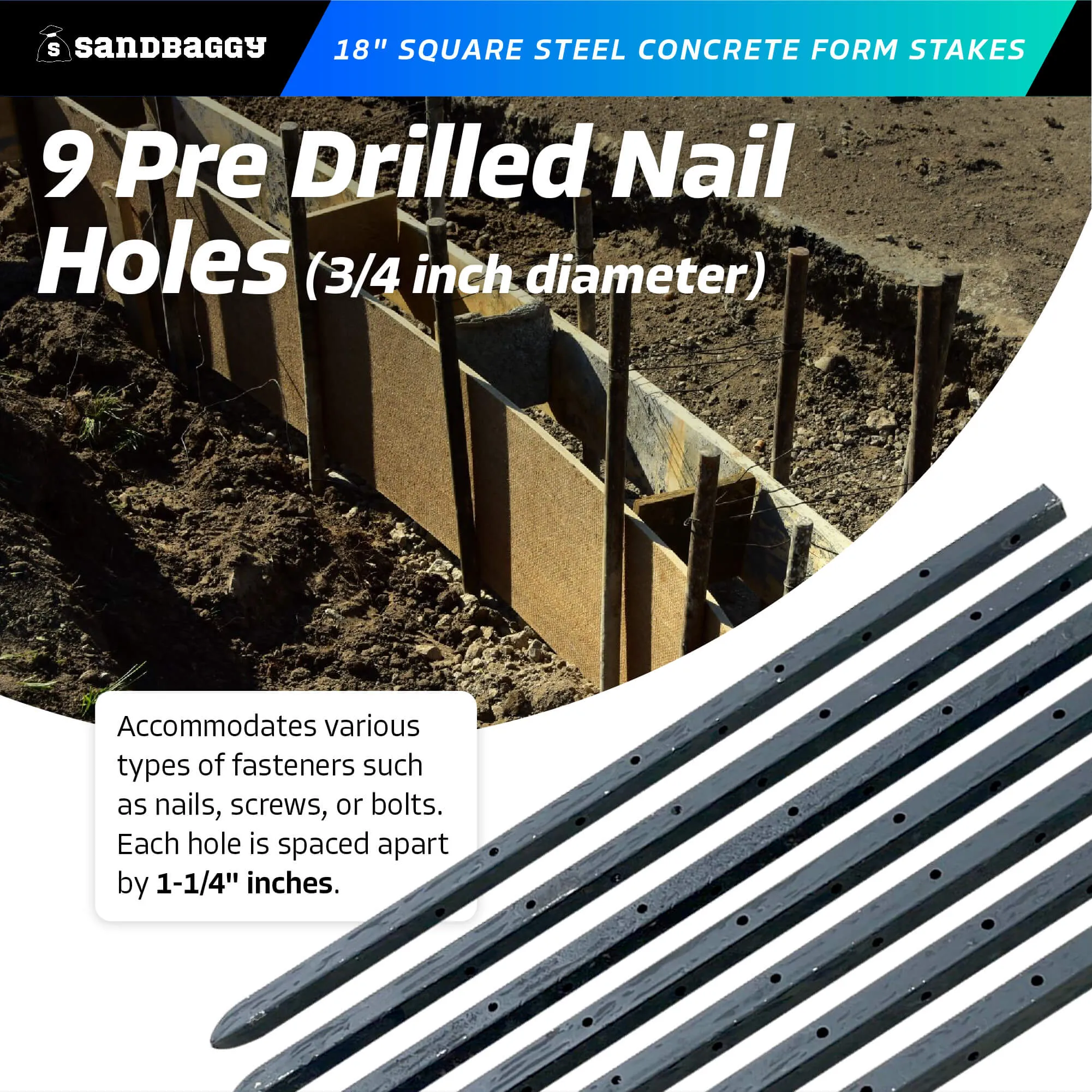 18" Square Steel Concrete Form Stakes with Nail Holes - 5/8" Wide