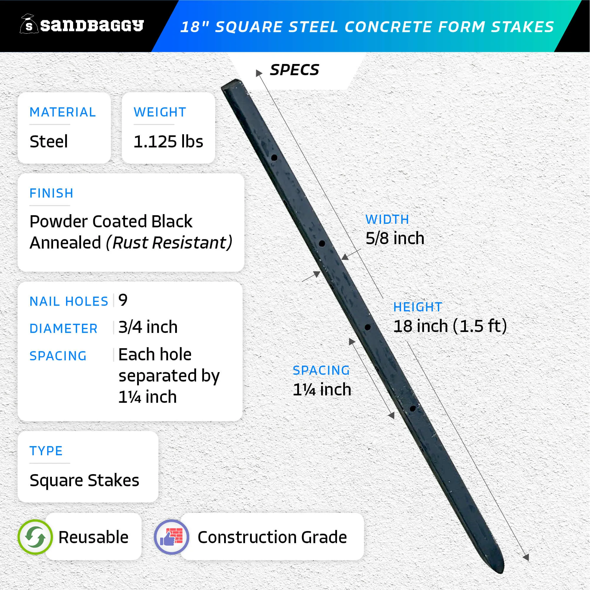 18" Square Steel Concrete Form Stakes with Nail Holes - 5/8" Wide