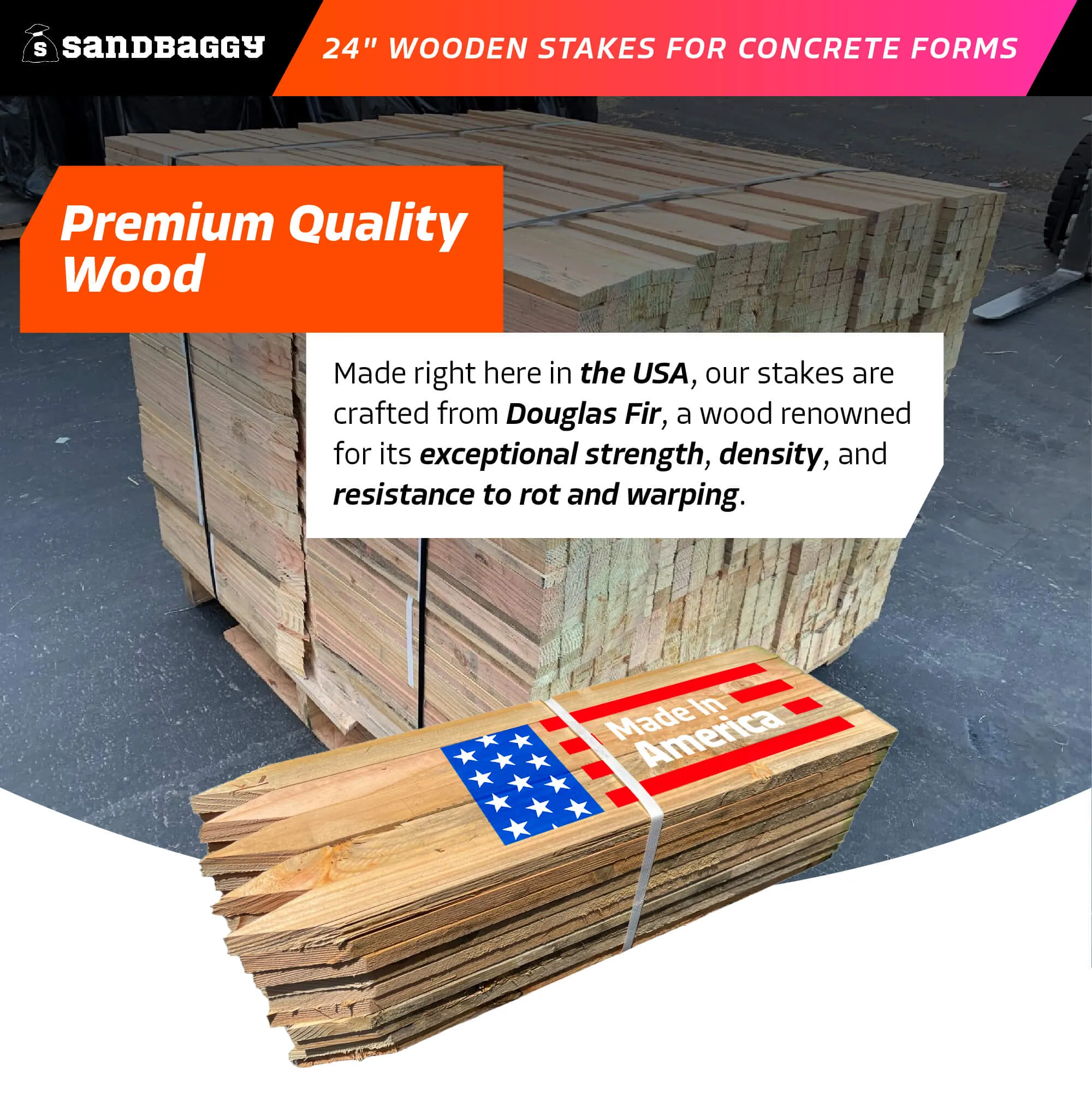 24" Wooden Stakes For Concrete Forms - 1" x 3" x 24" (50 Pcs/Bundle) - Made in the USA