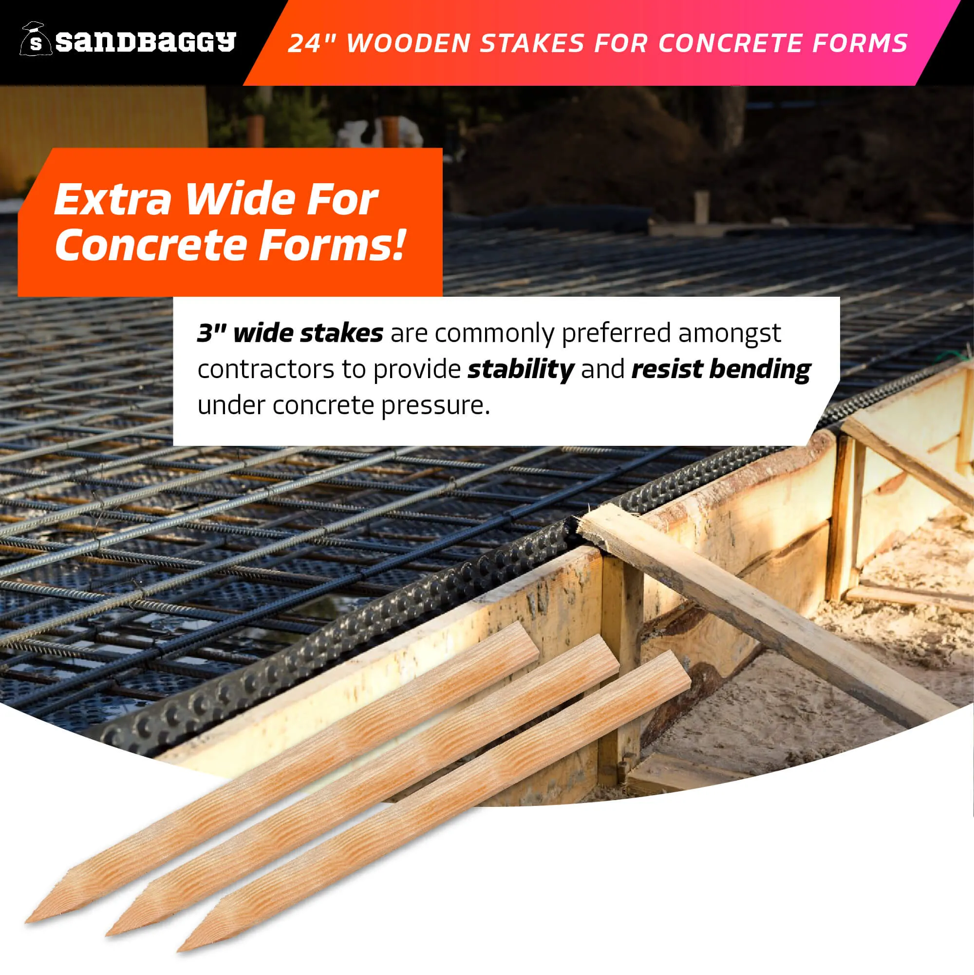 24" Wooden Stakes For Concrete Forms - 1" x 3" x 24" (50 Pcs/Bundle) - Made in the USA