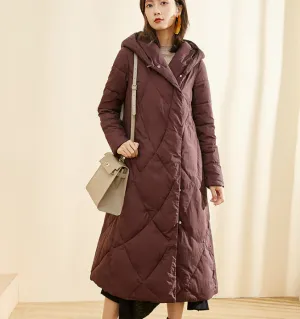 A-Line Long Winter Puffer Coat Duck Down Jacket, Hooded Down Jacket Women 80022