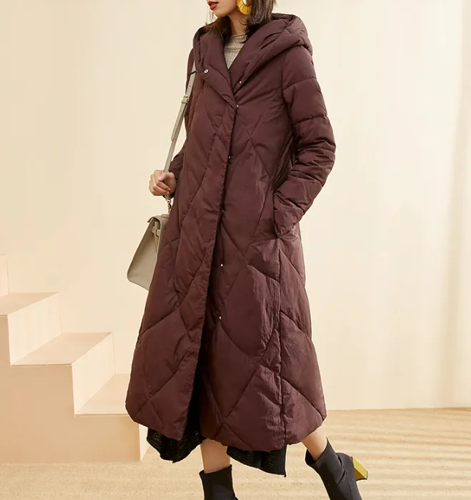 A-Line Long Winter Puffer Coat Duck Down Jacket, Hooded Down Jacket Women 80022