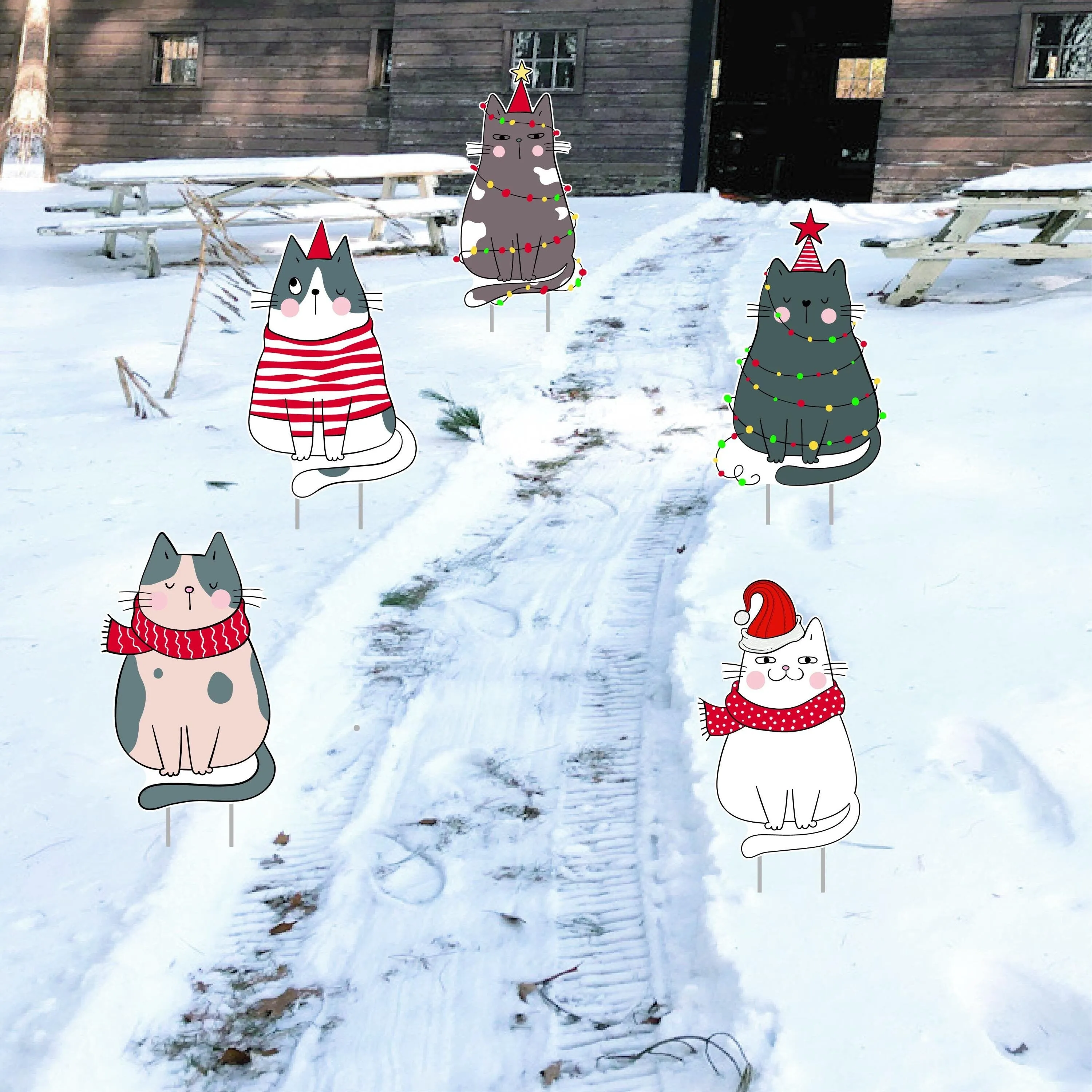 Christmas Cats Yard Sign Cutouts, Christmas Cats Theme Decorations Funny Xmas Cats Walkway Props, Christmas Cat Yard Signs With Metal Stakes