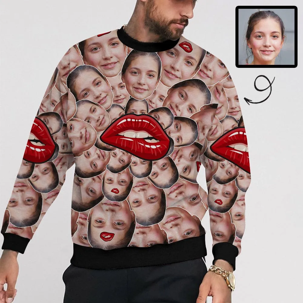 Custom Face Red Lip Loose Sweatshirt Personalized Face All Over Print Crewneck Loose Sweatshirt