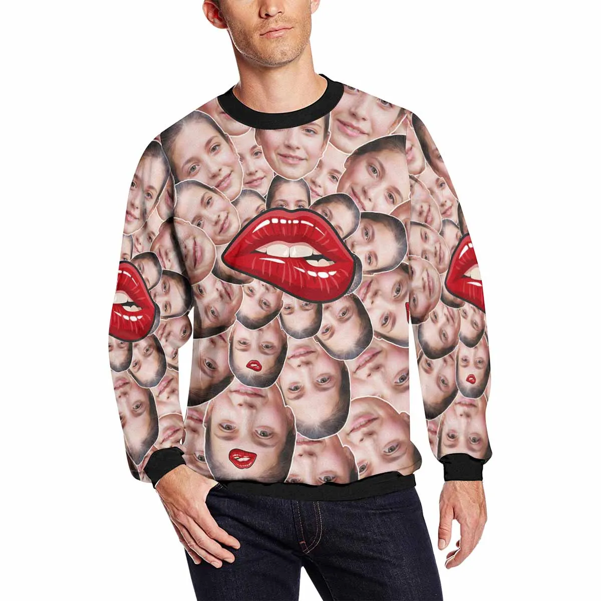 Custom Face Red Lip Loose Sweatshirt Personalized Face All Over Print Crewneck Loose Sweatshirt