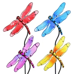 Four Piece Glass Dragonfly Garden Stake Set in Assorted Colors, 9 by 26 Inches