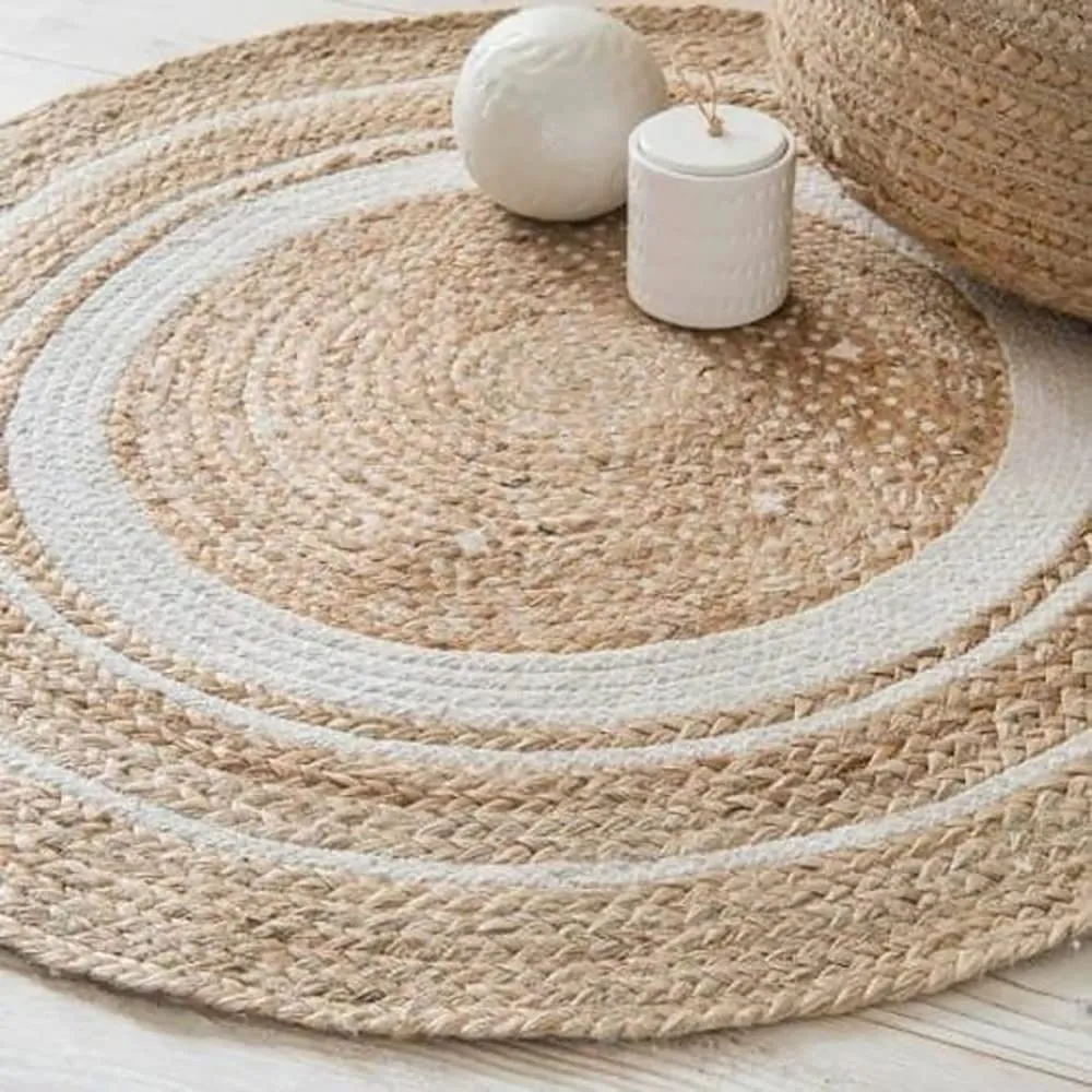 Habere India-All the Cultures Fabricating India Jute Carpet for Living Room, Jute Round Floor Mat, Rugs for Living Room, Jute Centre Table Carpet (Jute   White (Round), Round_3*3 FT)