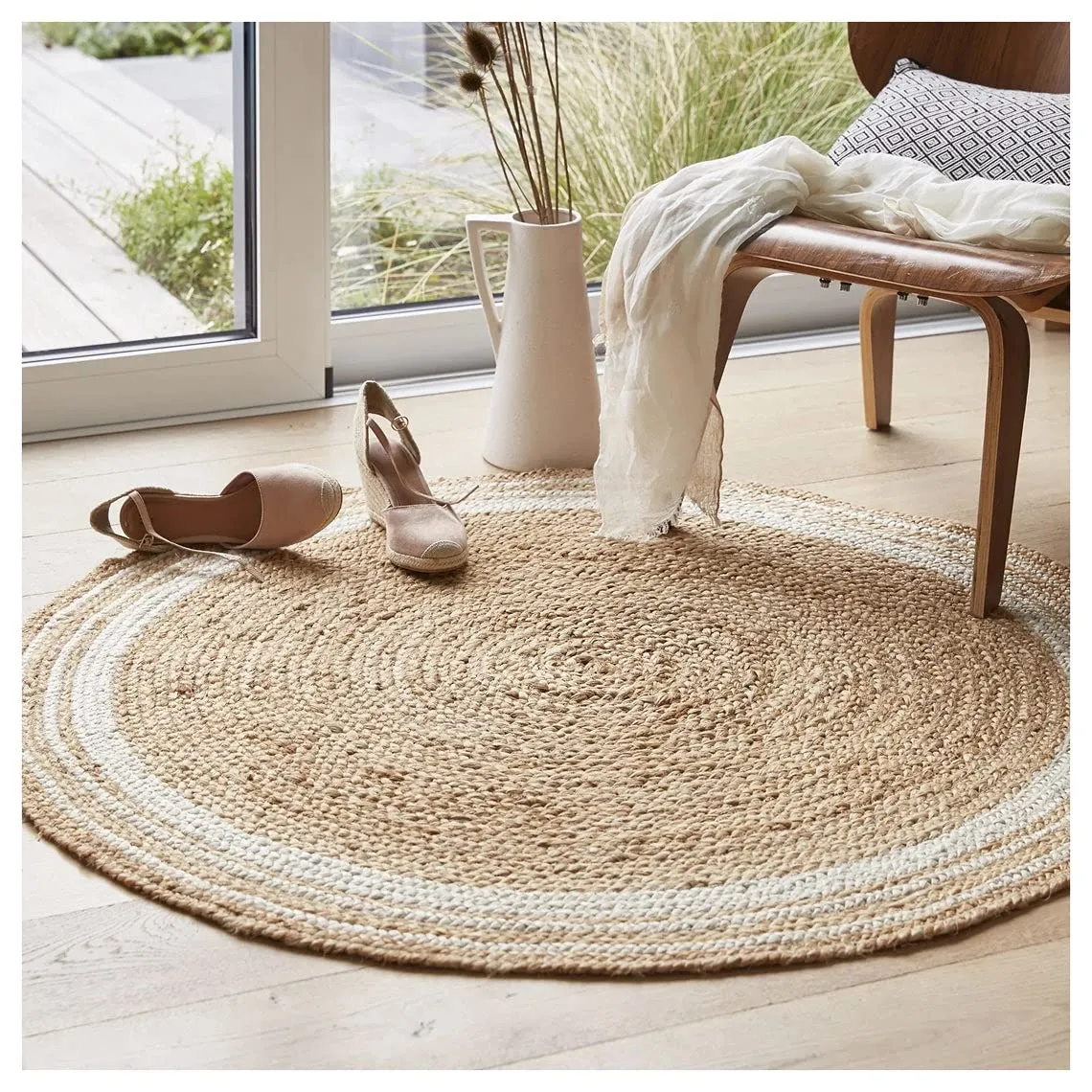 Habere India-All the Cultures Fabricating India Jute Carpet for Living Room, Jute Round Floor Mat, Rugs for Living Room, Jute Centre Table Carpet (Jute   White (Round), Round_3*3 FT)