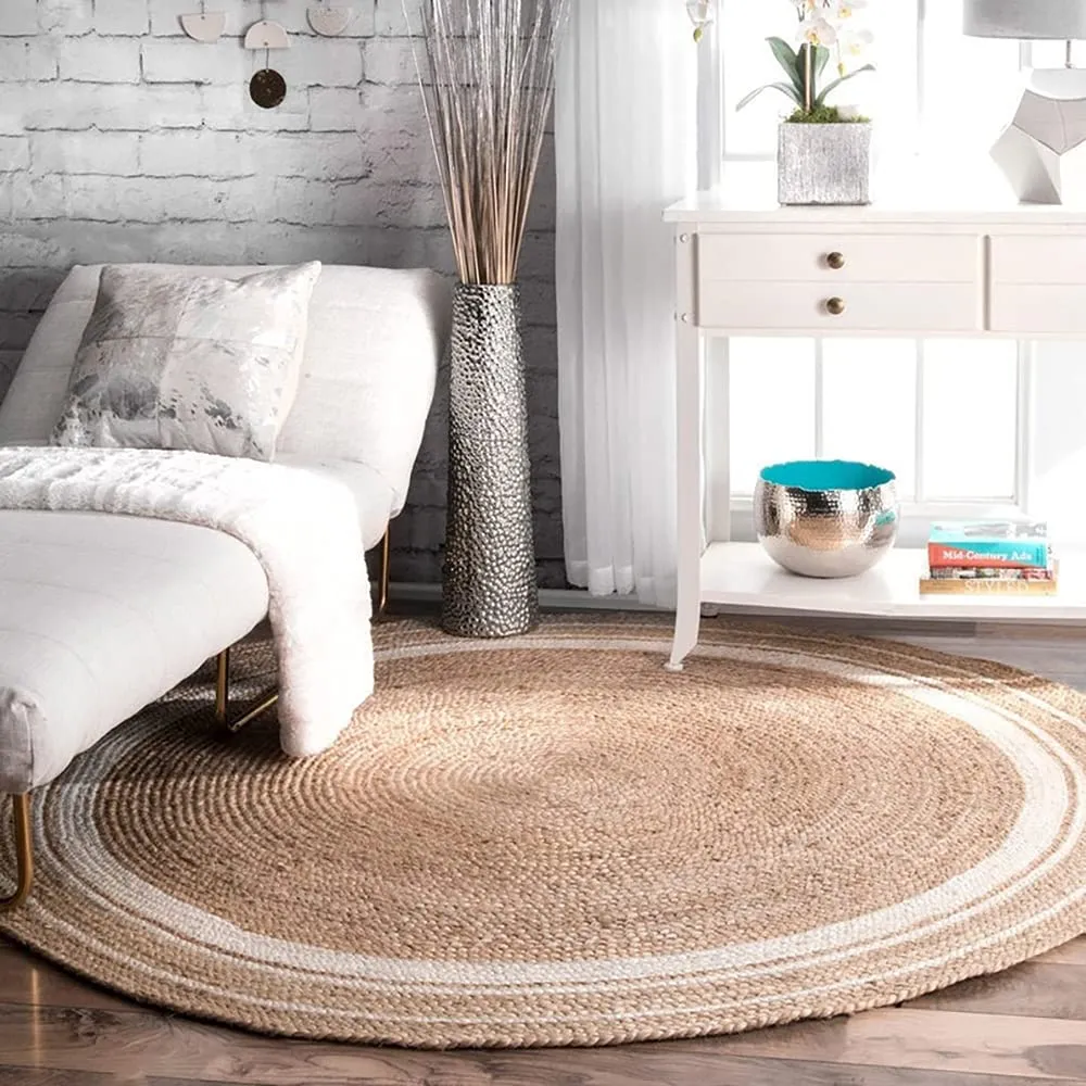 Habere India-All the Cultures Fabricating India Jute Carpet for Living Room, Jute Round Floor Mat, Rugs for Living Room, Jute Centre Table Carpet (Jute   White (Round), Round_3*3 FT)