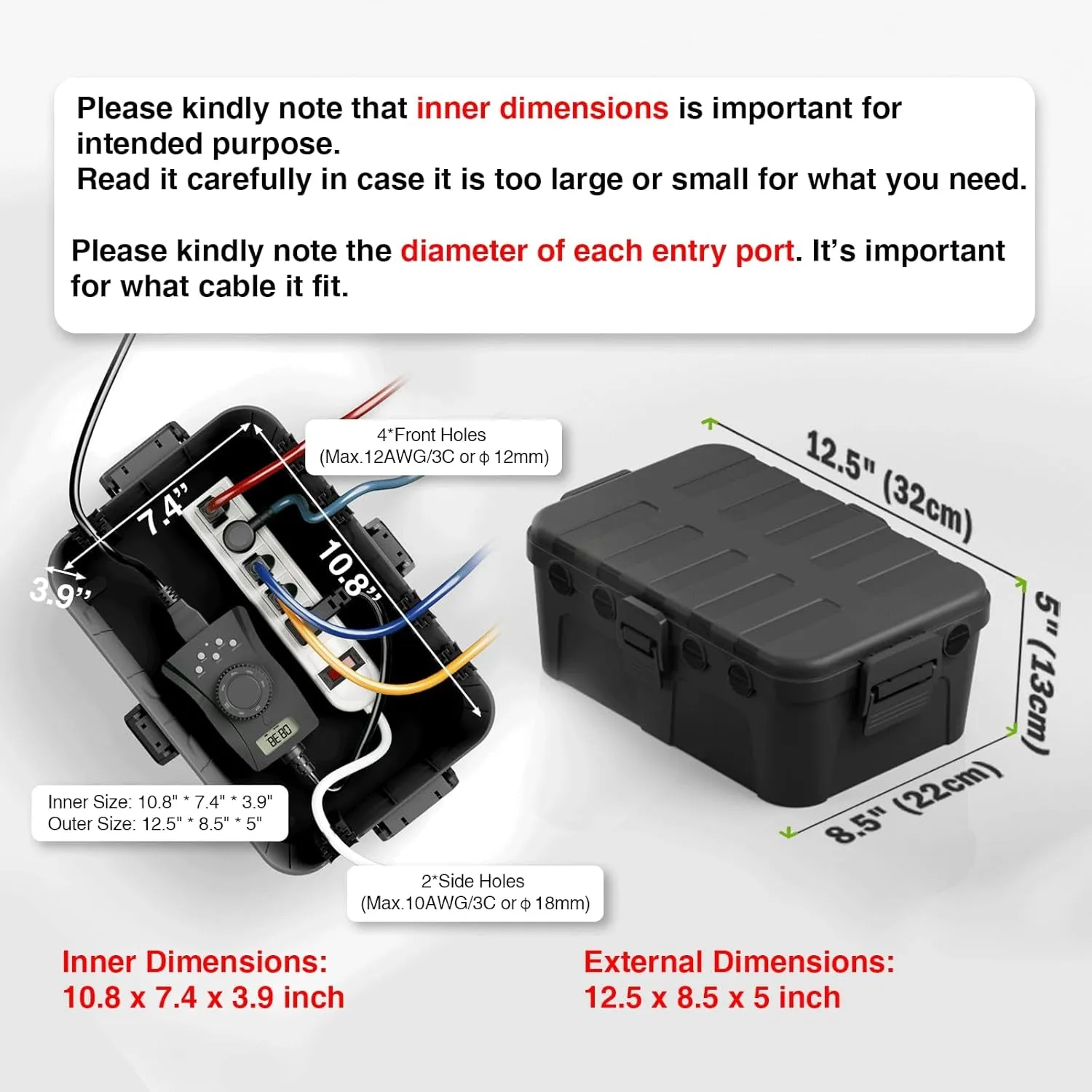 Large Outdoor Electrical Box (12.5 X 8.5 X 5 Inch), IP54 Waterproof Extension Cord Cover Weatherproof, Protect Outlet, Plug, Socket, Timer, Power Strip, Holiday Light Decoration, Black