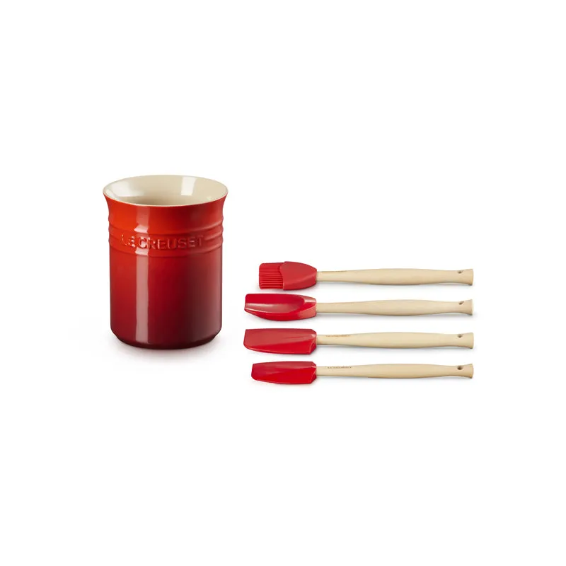 Le CreuSet Stoneware Utensil Jar & Craft Tools 4 piece Set Cerise