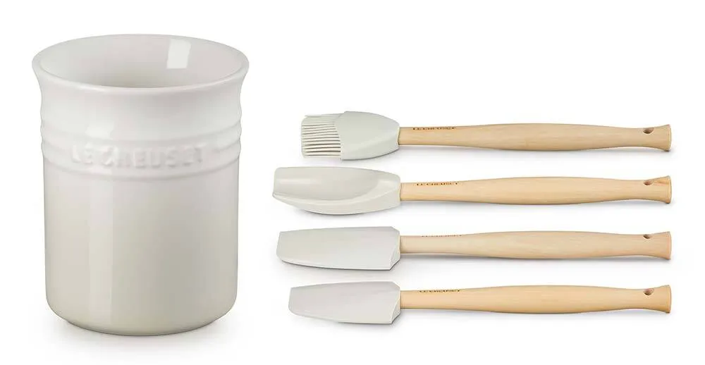 Le CreuSet Stoneware Utensil Jar & Craft Tools 4 piece Set Meringue