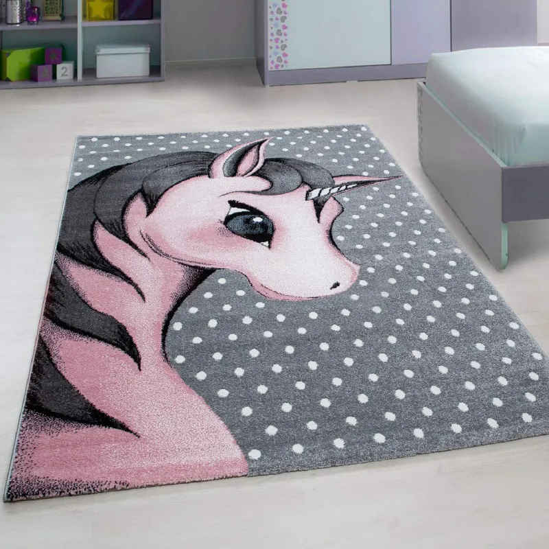 Pink and Grey Polkadots Unicorn Rug - Kids