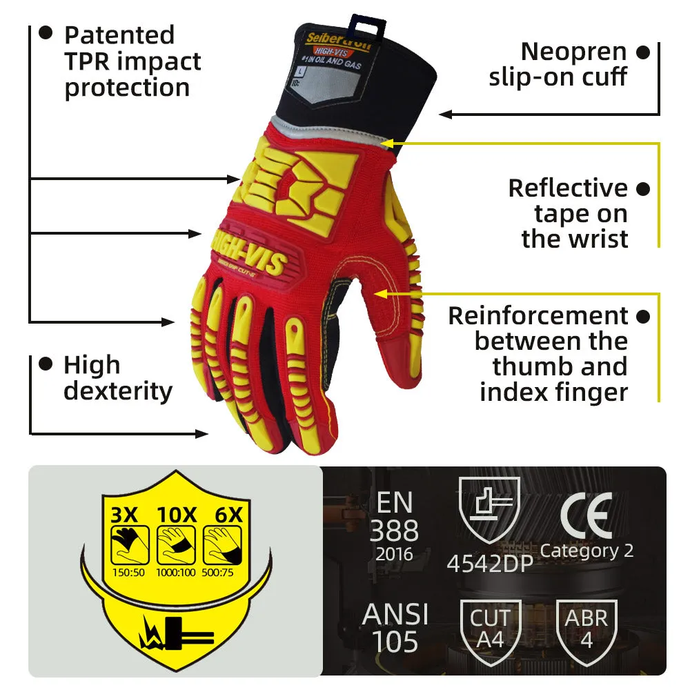 Seibertron HIGH-VIS HRC5 Rigger Excellent Grip Cut5 Handyman/Boxer Work Gloves Abrasion Resistant Oil & Gas Drilling Safety Impact Protection Gloves CE EN388 4542