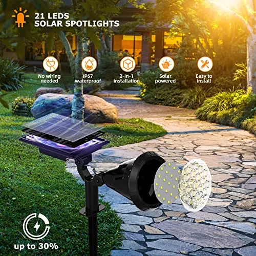 XTGTP Solar Spot Lights Outdoor, 21 LEDs, Auto On/Off with 3 Modes, IP67 Waterproof Solar Yard Spotlight Landscape Lighting Garden Wall Lights, 2Pack